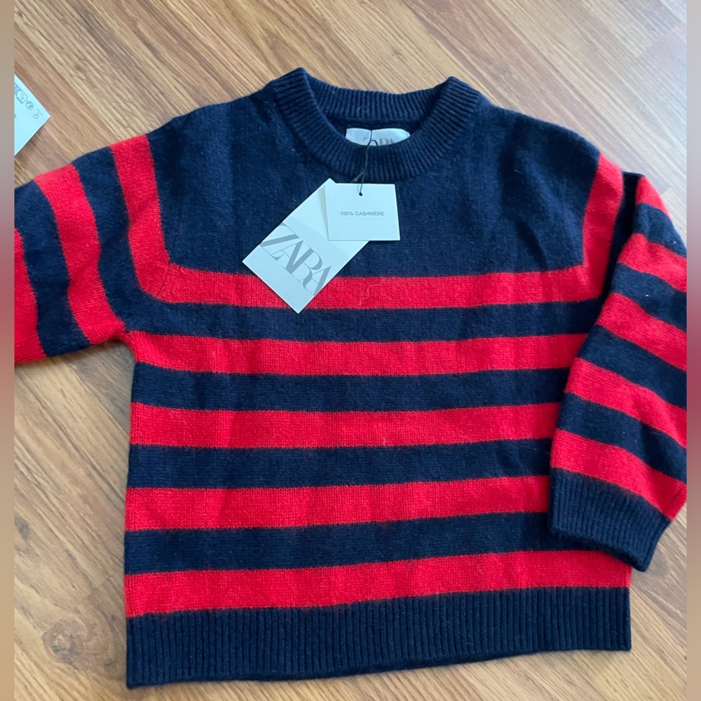 Zara kids %100 Cashmere Red and dark navy Striped Sweater